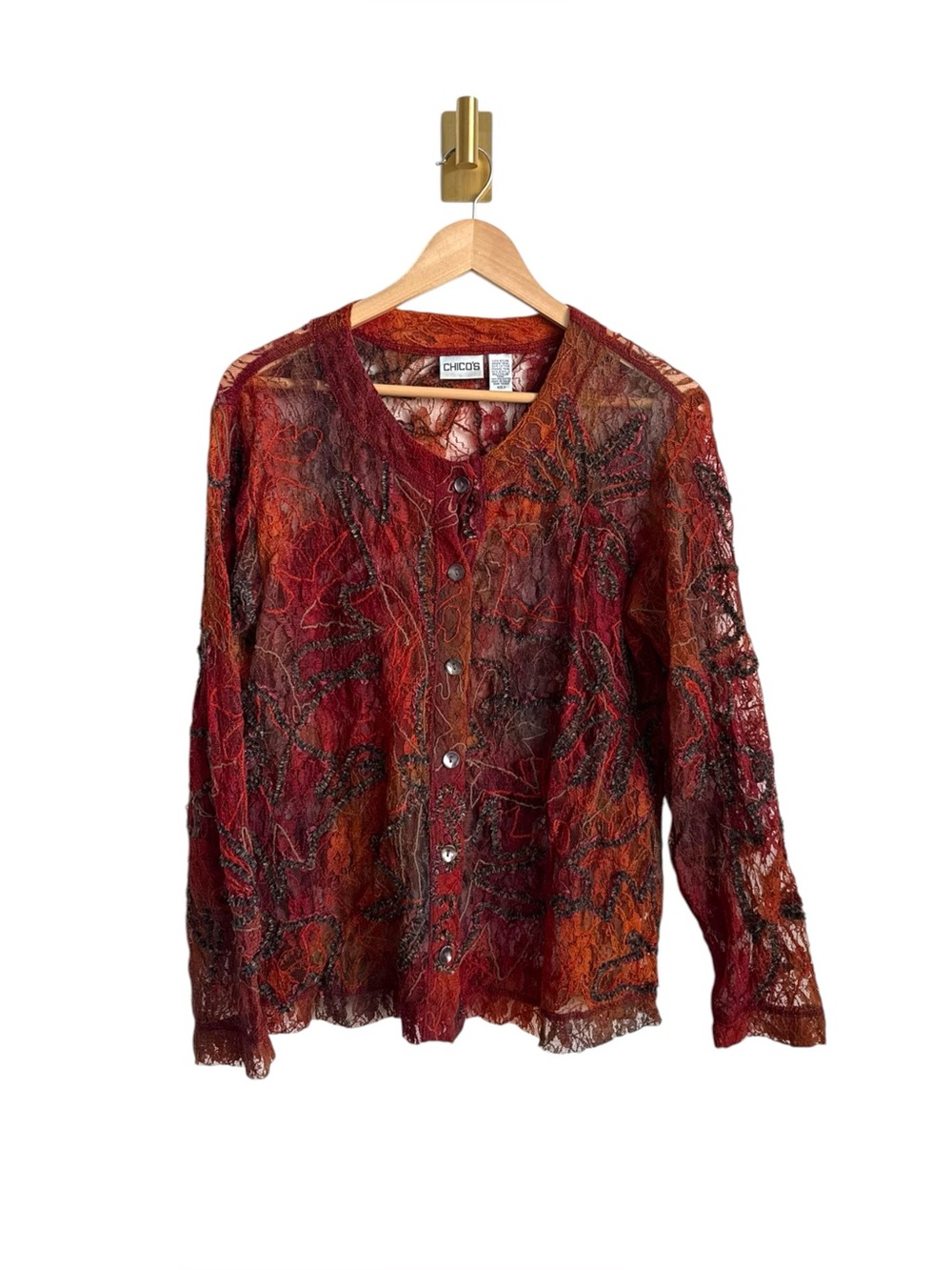 Chico's Sheer Lace Embroidered Button Front Cardigan Blouse Red Size 2 Large